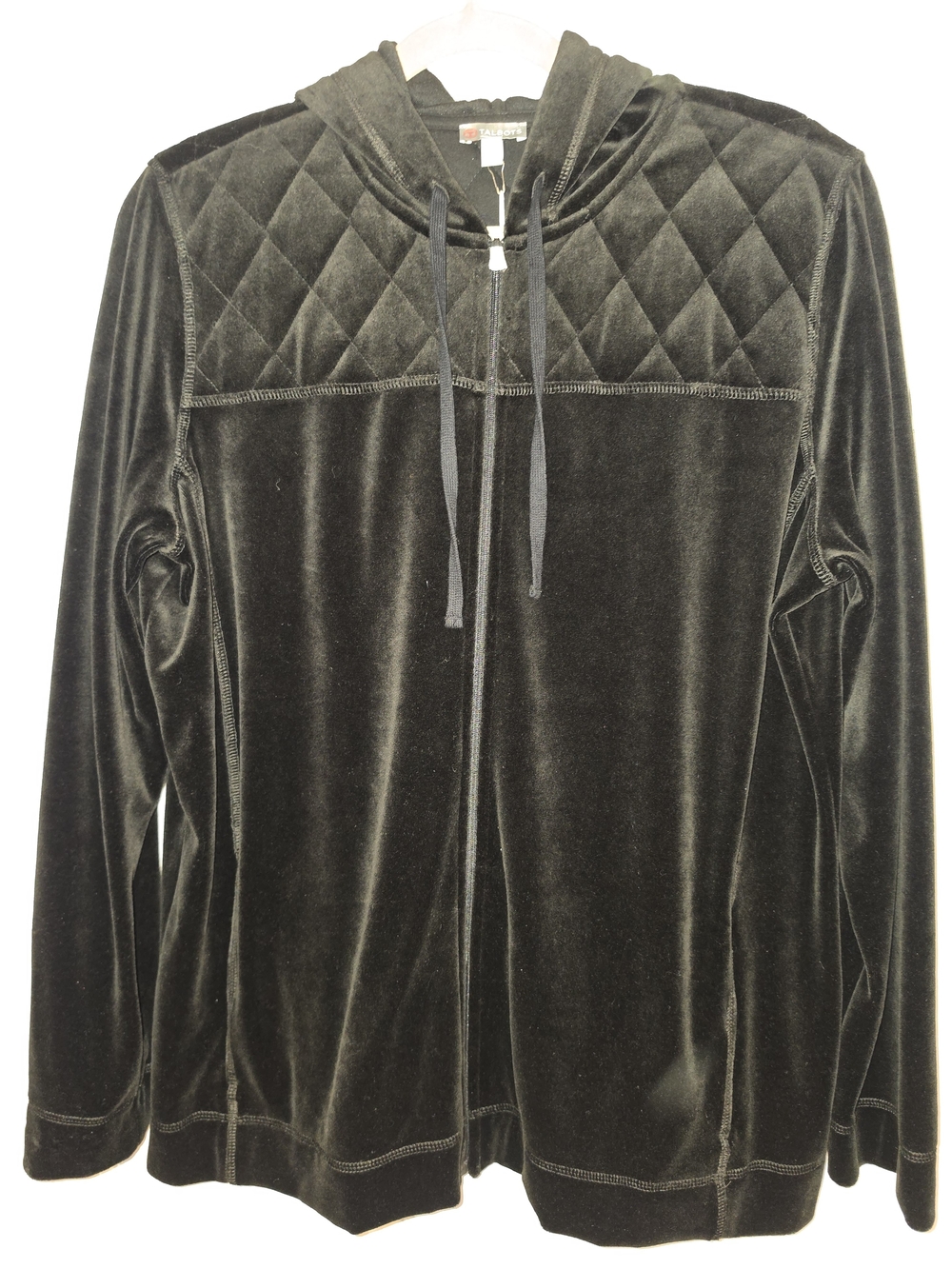 NWT Talbots Black Quilted Velvet Hooded Zip Up Jacket